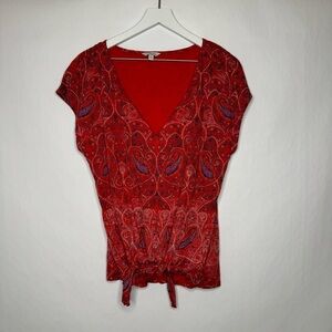 Lucky Brand Paisley Tie Front Short Sleeve Top Blouse
